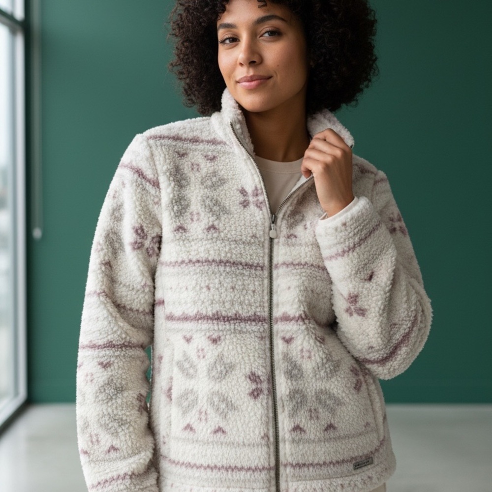 Avalanche Women Cream Multicolor Nordic Fair Isle Sherpa Fleece Zip Jacket L